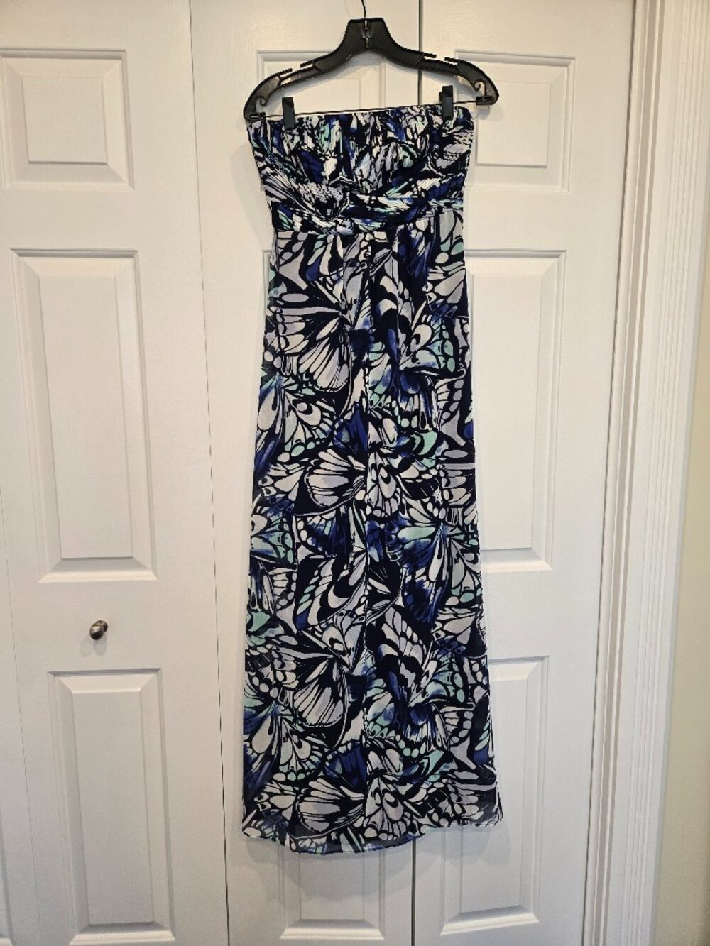 NWT Esprit Strapless Blue and White Butterfly Maxi Dress Size 6